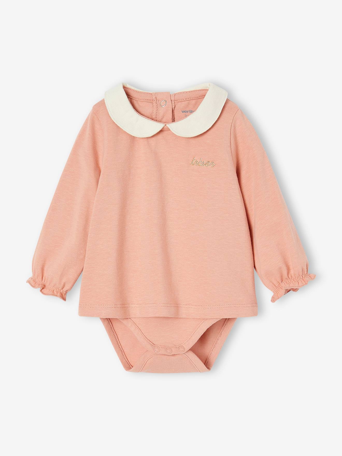 Conjunto com 2 bodies de manga comprida para bebê na cor rosa antigo.