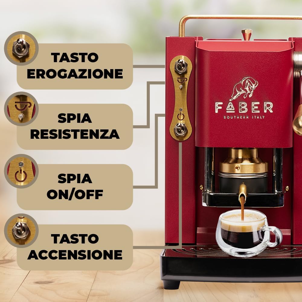 FABER COFFEE MACHINES | Modell Pro Mini Deluxe | Kaffeepadmaschine für 44 mm ESE-Pads | Einstellbare Padpresse aus Messing (CHERRY RED)