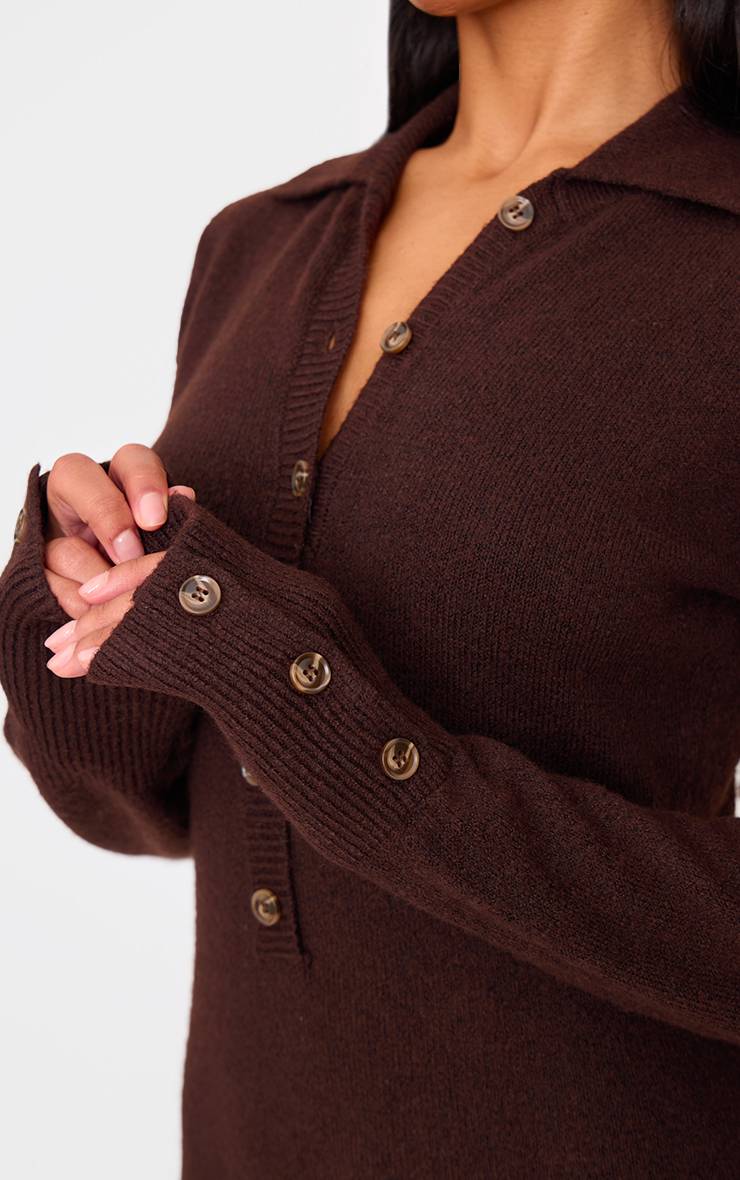 Chocolat Robe Maxi En Maille Bouclette Douce Avec Col Et Boutonnière