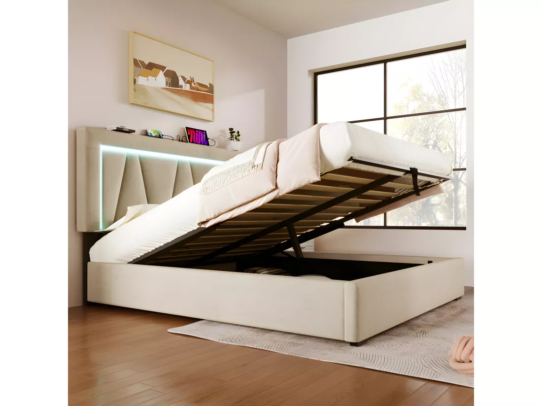 Lit coffre rembourré 160x200cm avec LED et Port de charge USB et Type-C - Tissu en Lin - sommier à lattes - Beige