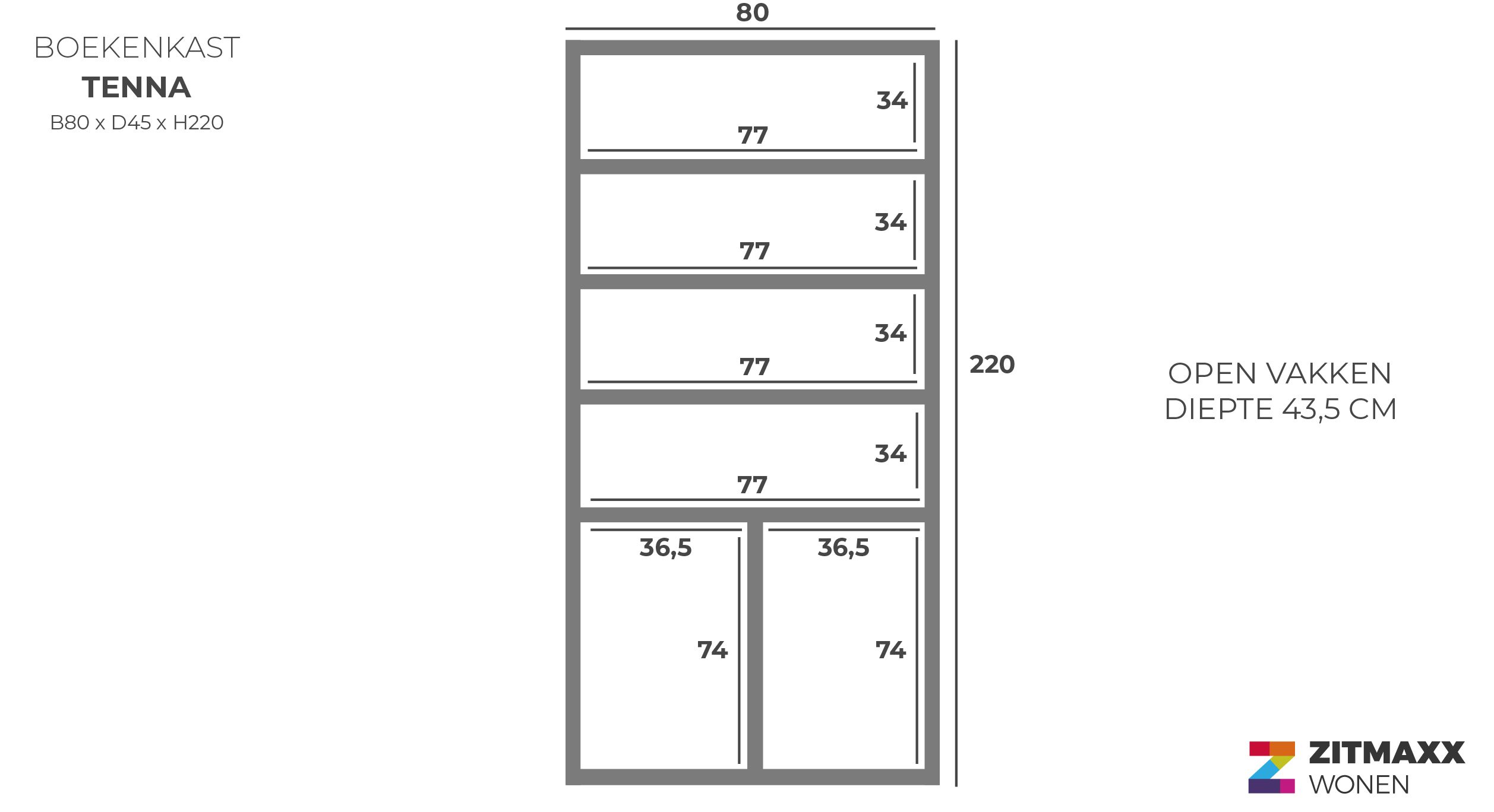 Boekenkast Zwart Tenna B80 x D45 x H220 cm