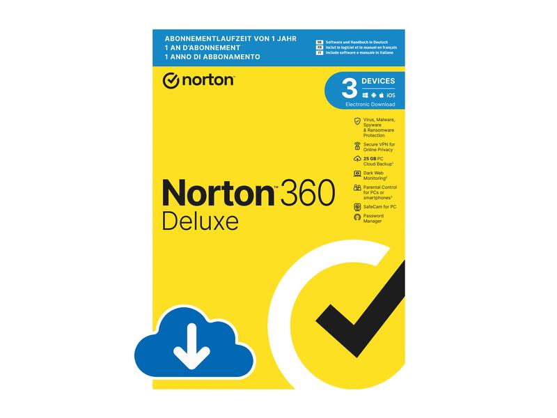 Norton Norton 360 Deluxe ESD, 3 Device, 1 Jahr Mehrere Schutzebenen für Ihre Geräte und Funktionen für Ihre Online-Privatsphäre.