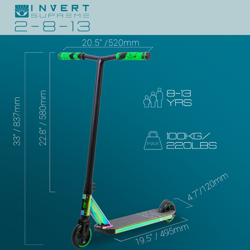 Patinete de acrobacias Neo Invert Supreme para crianças de 8 a 13 anos.