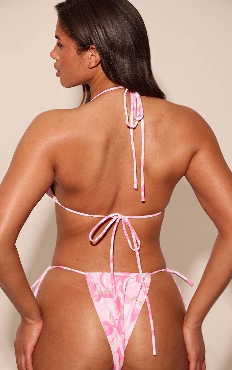 Rose Bas De Bikini Tanga À Perles Dorées Imprimé Abstrait Sculptant
