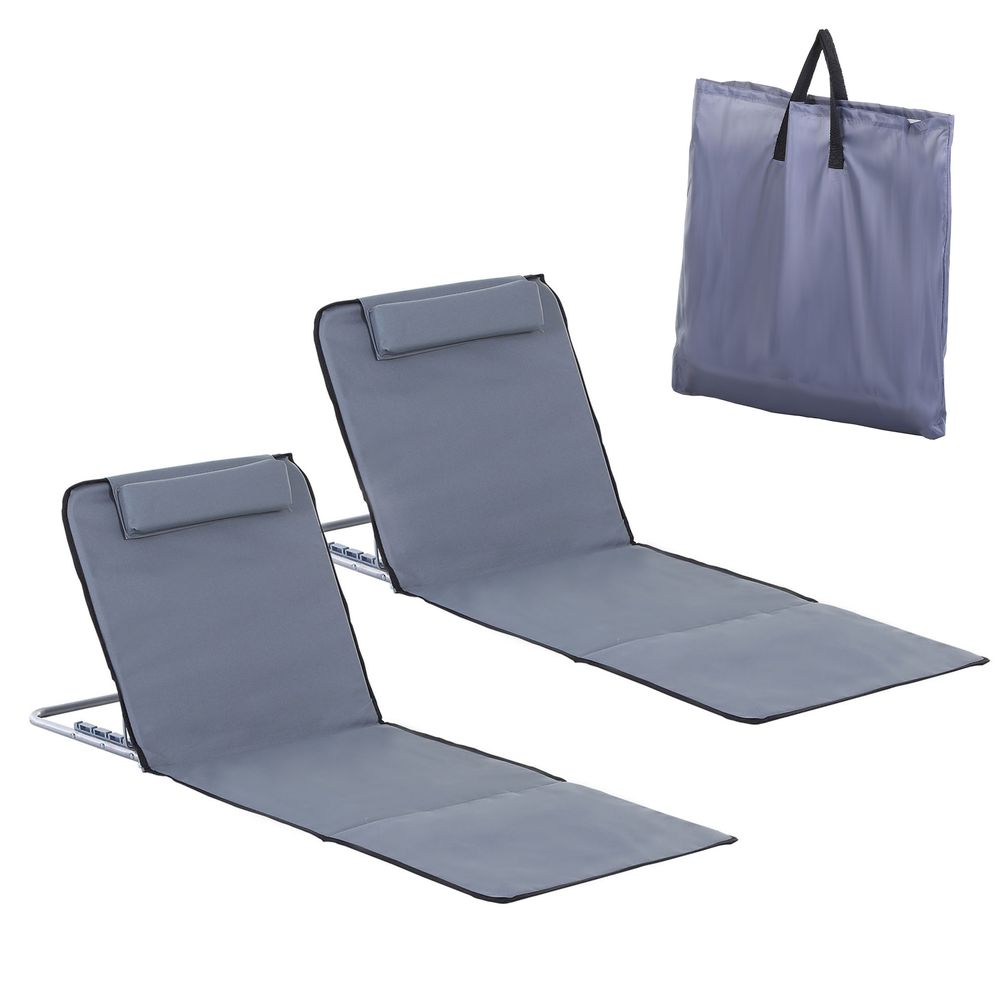 Conjunto de 2 esteiras de praia dobráveis Outsunny com encosto reclinável em 5 níveis, apoio de cabeça e bolsa de transporte, 134x48x33-43 cm, cinza