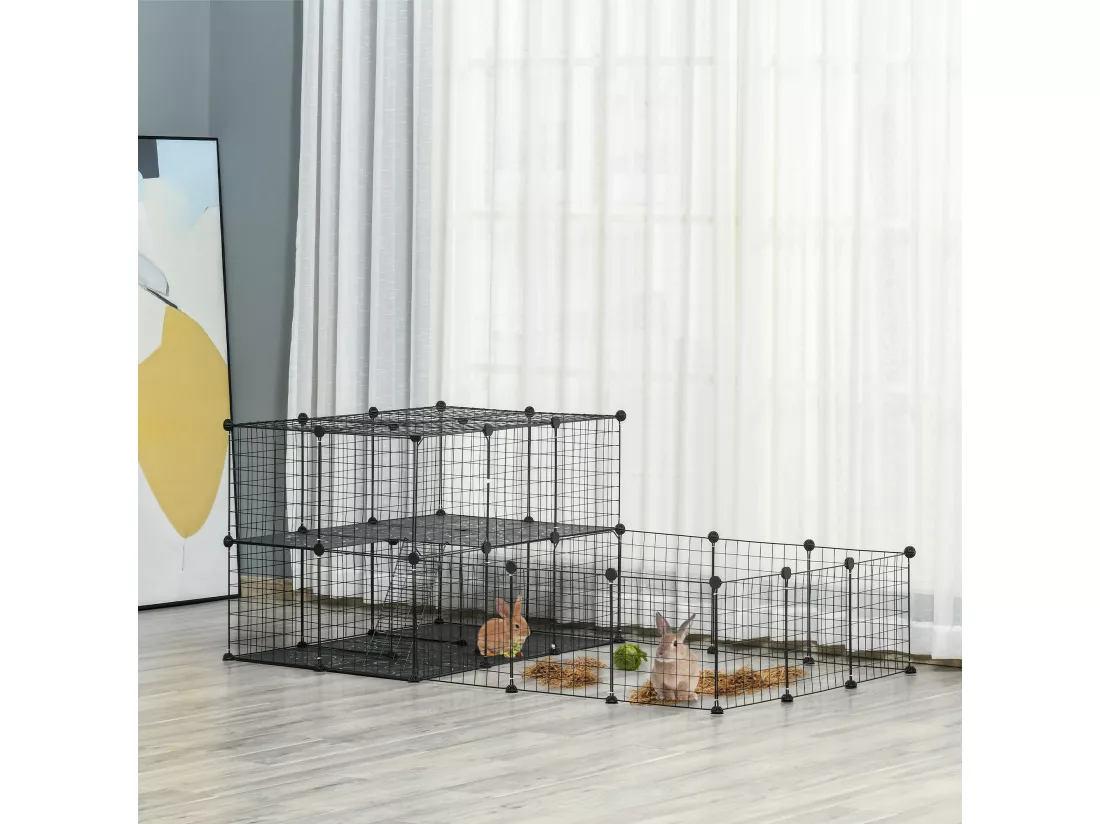Cage parc enclos rongeurs modulable dim. L 175 x l 105 x H 70 cm 2 niveaux 2 portes rampe résine PP fil métallique noir