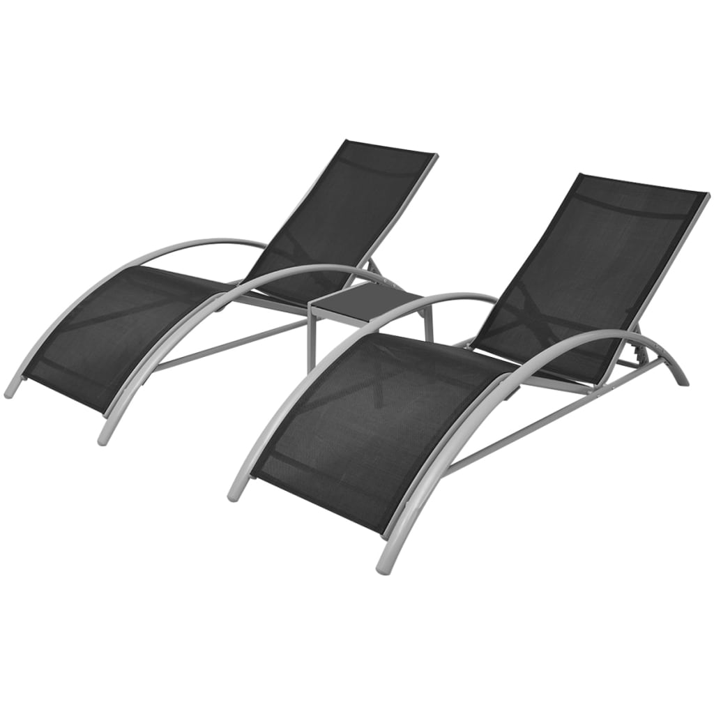 Lot de deux chaises longues transat avec table aluminium noir