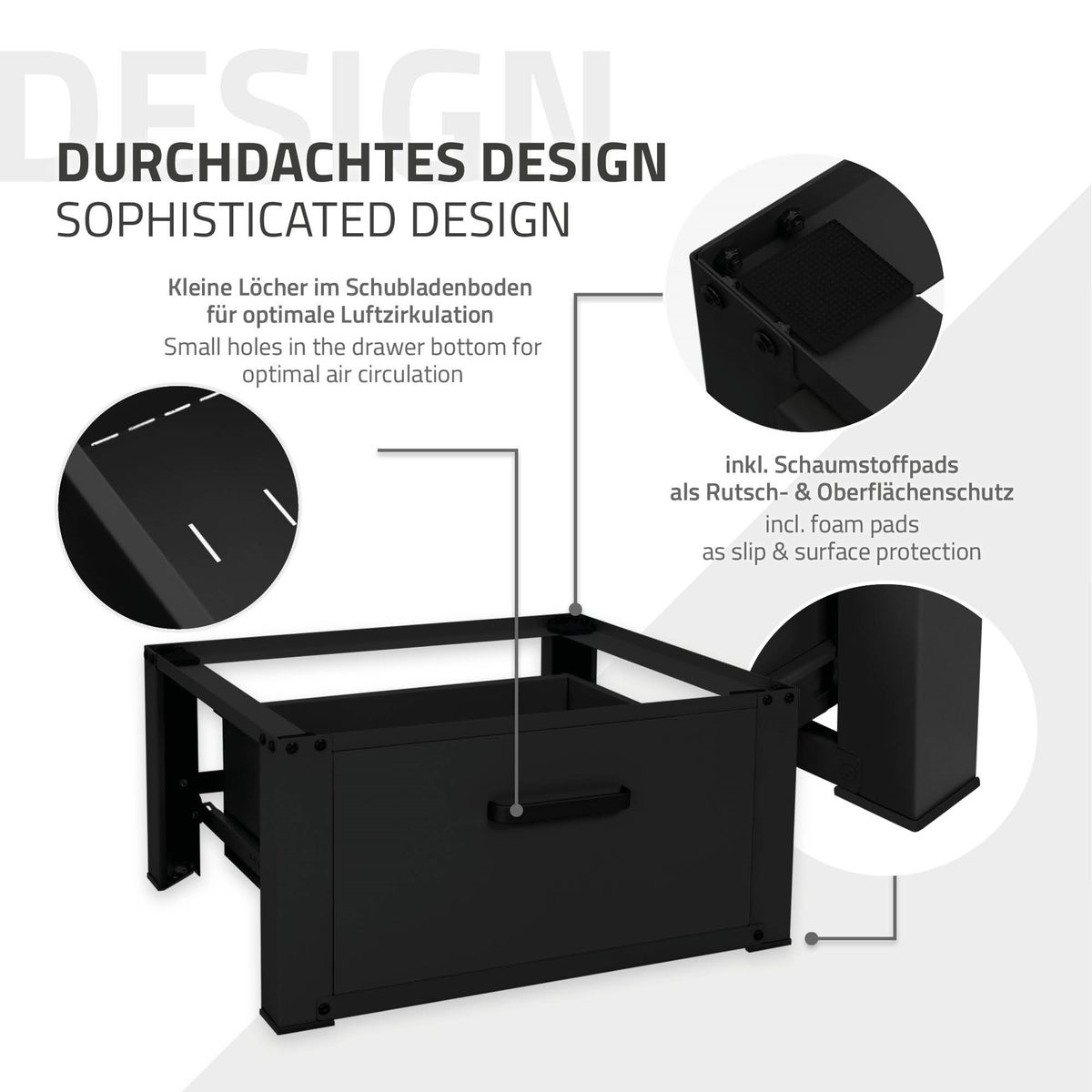 ML-Design Wasmachine Onderstel met Lade 63x54cm Staal Zwart tot 150kg, Wasmachinekast, Stabiele Wasmachine Onderstel, H=31,5cm Voetstuk Verlengstuk voor Droger/Koelkast