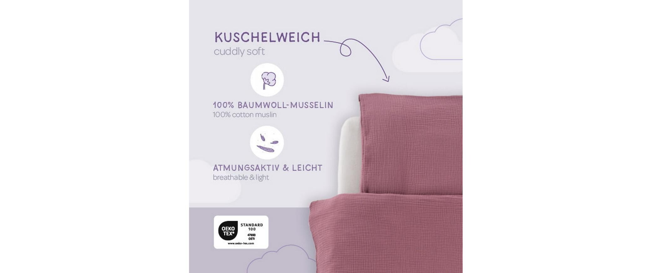 Kinderbettwäsche pflaume 100/135 + 40/60 cmKuschelige Bettwäsche, extra hautsymphatisch und geschmeidig.
