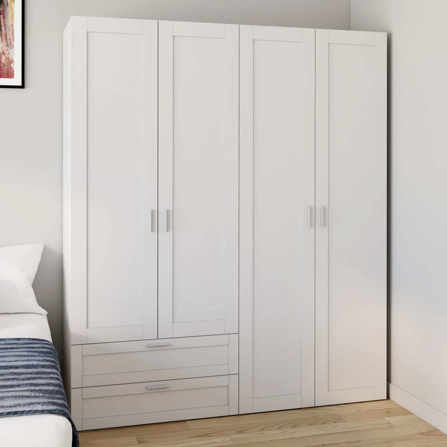 Armoire 4 portes VITO blanc penderie 160 cm avec 2 tiroirs et étagères
