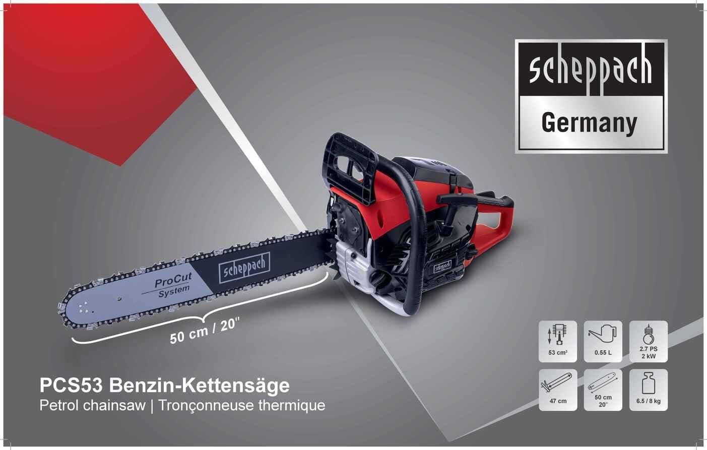 Scheppach Benzin Baumpflegesäge PCS53 Kettensäge mit 47cm Schnittdurchmesser | 2 Takt Benzinmotor 2,7PS Leistung | Schwertlänge 51cm | Hubraum 53cm³ | Automatische Kettenschmierung & Kettenbremse