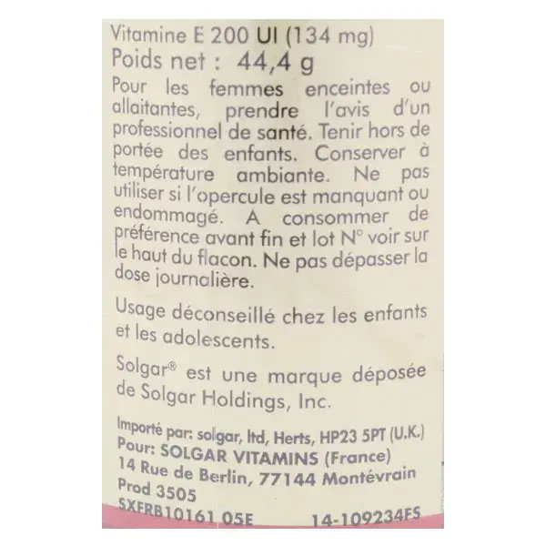 Solgar Vitamine E 200 UI 50 softgels végétales