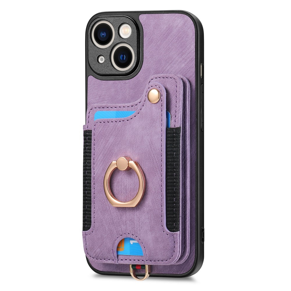 iPhone 14 Necklace Leder Hülle mit Kartenfächer   Finger Griff Halterung   Handykette (RFID Schutz) - Lila