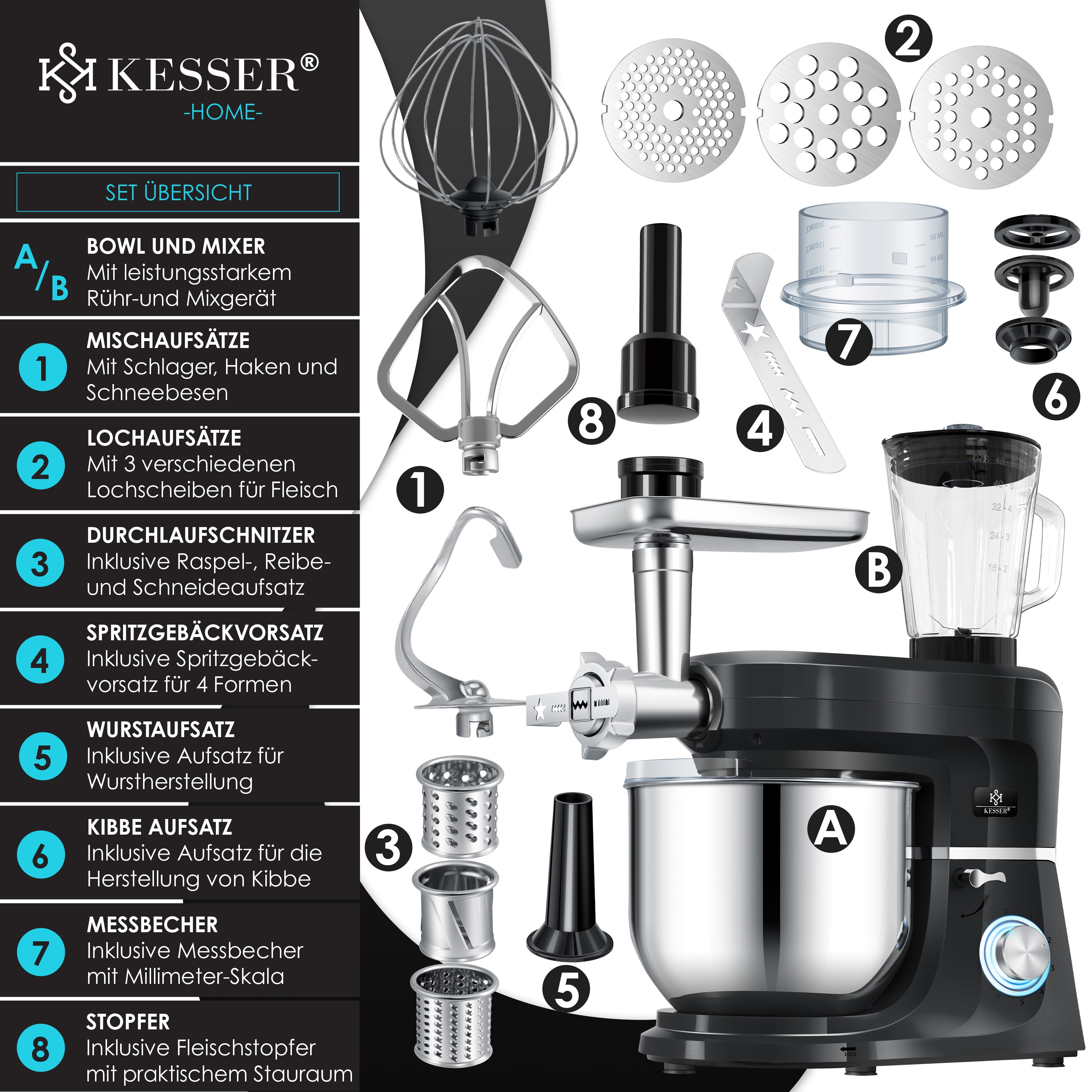 KESSER® 3 in 1 Universal Küchenmaschine K-KM 3000 mit Fleischwolf Knetmaschine Multifuntionale Rührmaschine 5,5L Schüssel mit 3 Rührwerkzeuge 1,5L Entsafter Wurst Set Pasta & Plätzchenformen