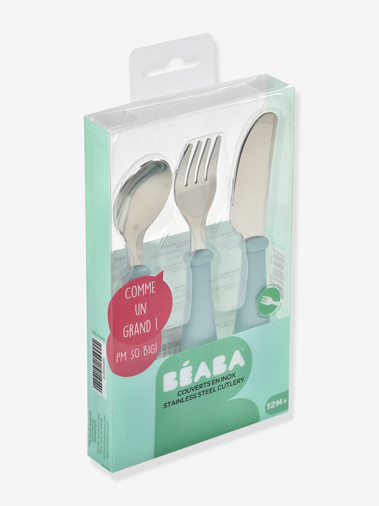 Conjunto de talheres de aprendizagem BEABA de 3 peças em aço inoxidável rosa claro liso.