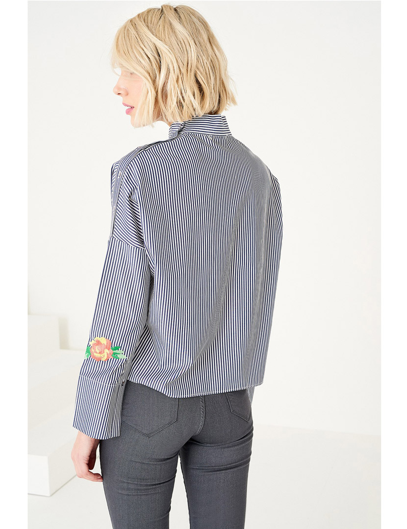 Open Shoulder Striped Blue Shirt
