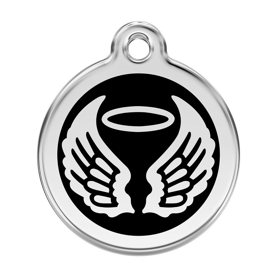 Placa de identificação para cães em aço inoxidável esmaltado com asas de anjo pretas.