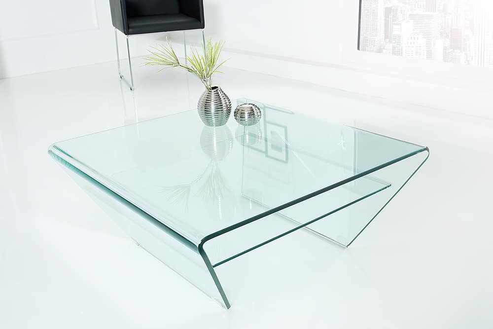 Moderner Glas Couchtisch FANTOME 70cm Trapez mit Ablage transparent