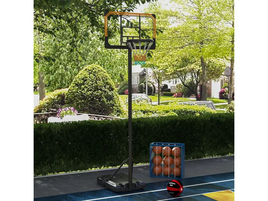 Panier de basketball sur pied roulettes - hauteur réglable arceau 182-213cm - acier polycarbonate orange noir