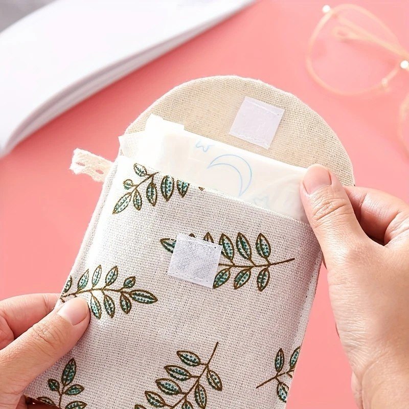 (12x12cm) Leinen Hygieneartikel Organizer Aufbewahrungs Necessaire für Binden / Slipeinlagen / Tampons - Beige