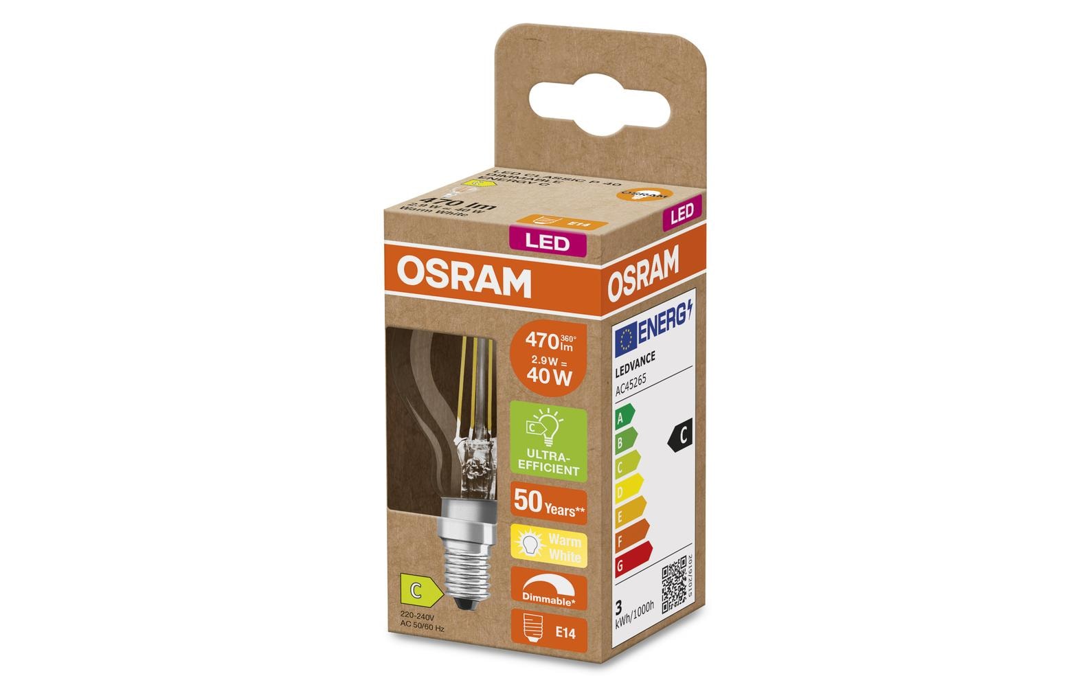LED CLASSIC P ENERGY EFFICIENCY C DIM 2.9W, E14, WarmweissDimmbare LED-Lampen, klassische Miniballform, ENERGIEEFIZIENTKLASSE C