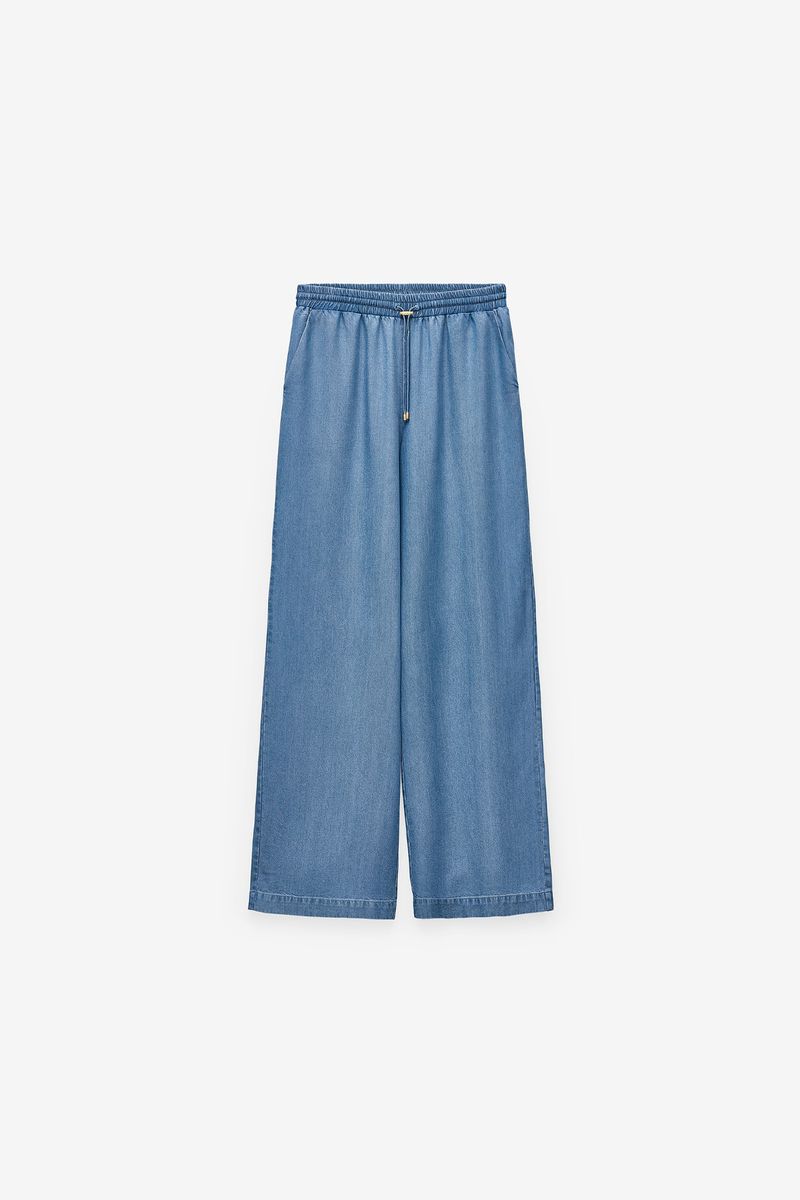 CALÇAS EM CHAMBRAY COM ELÁSTICO NA CINTURA