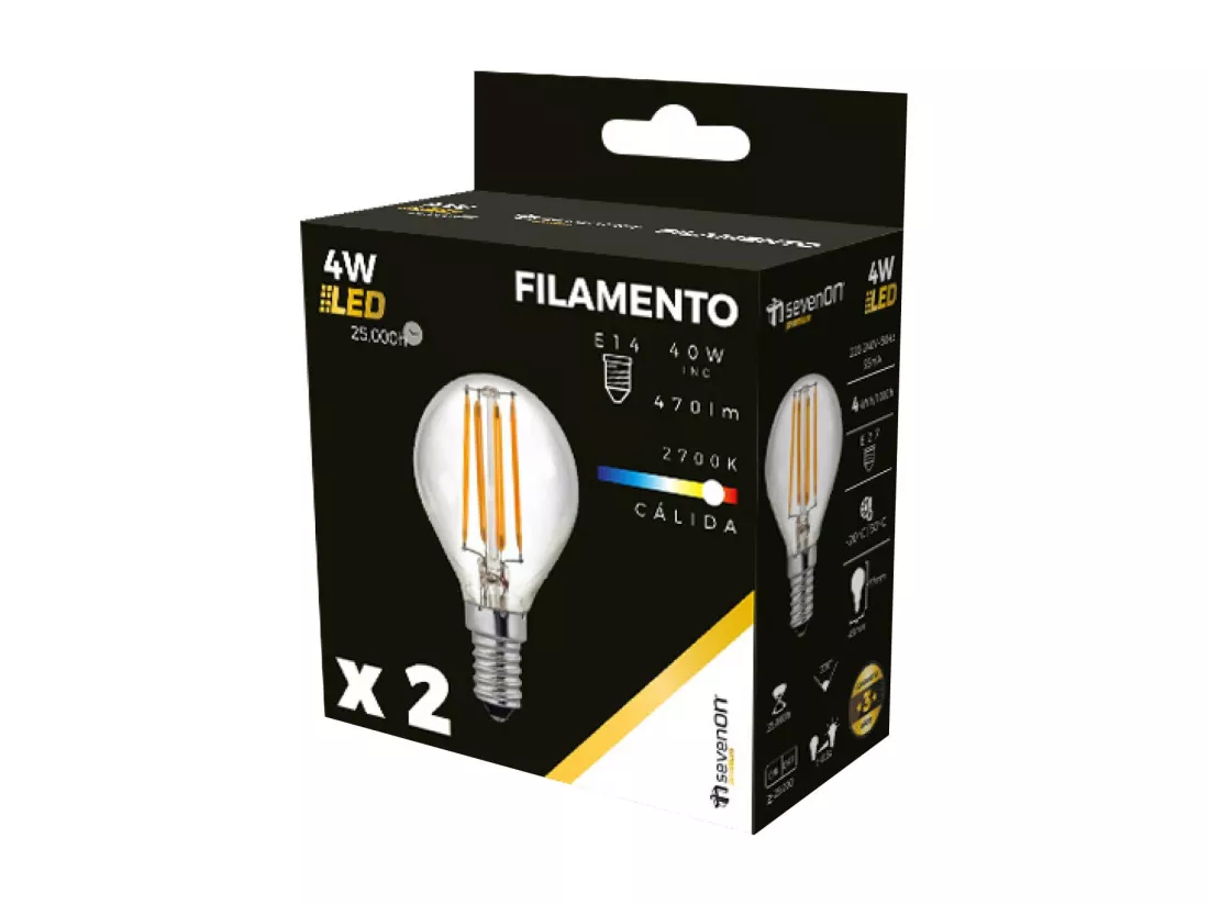 Pack de 2 Ampoules LED à Filament Sphérique E14 4W Equi.40W 470lm 2700K 25000H 7hSevenOn Premium