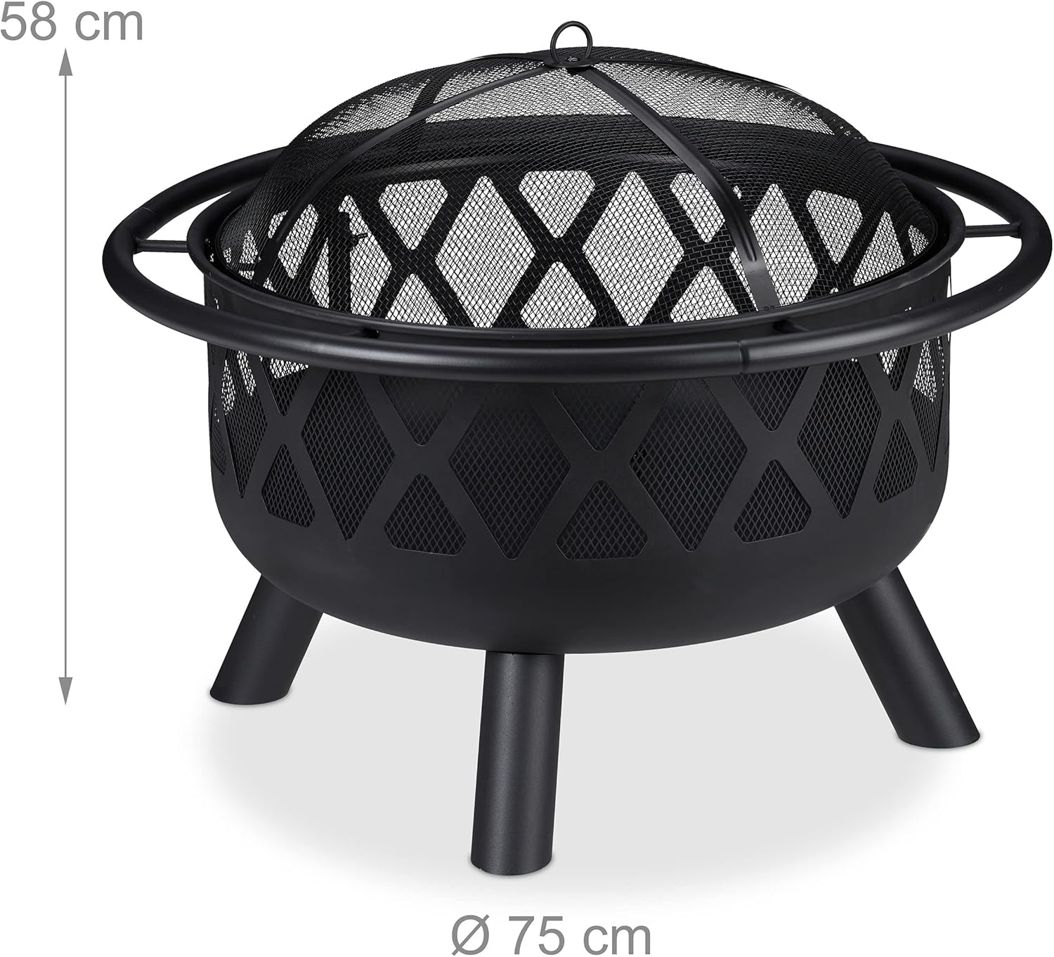Relaxdays Feuerschale mit Grillrost, Funkenschutz & Schürhaken, Ø 75 cm, Stahl, Feuerstelle Garten & Terrasse, schwarz, 68.5 x 75 x 75 cm