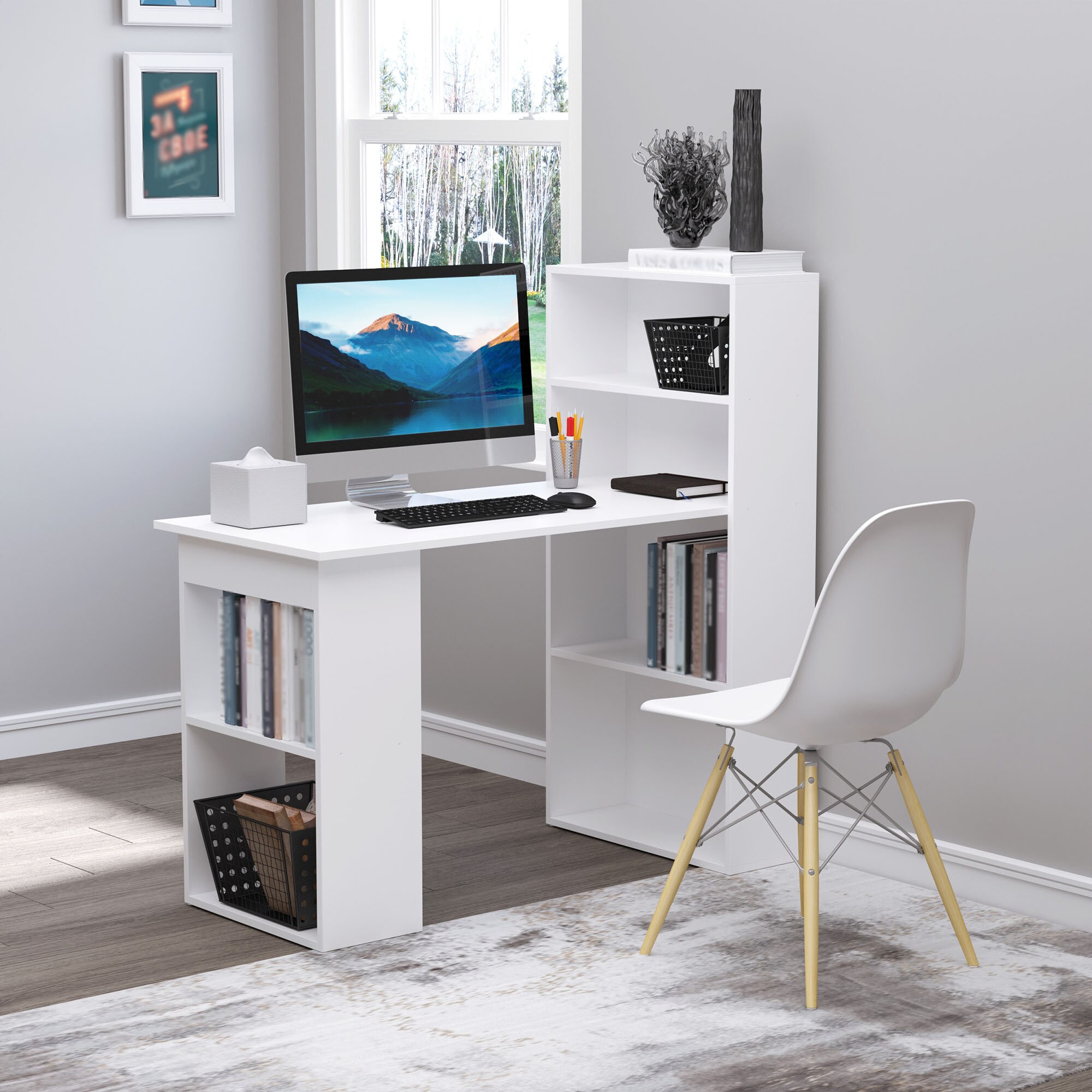 HOMCOM Schreibtisch mit 6 Ablagefächer weiß 120L x 55B x 120H cm