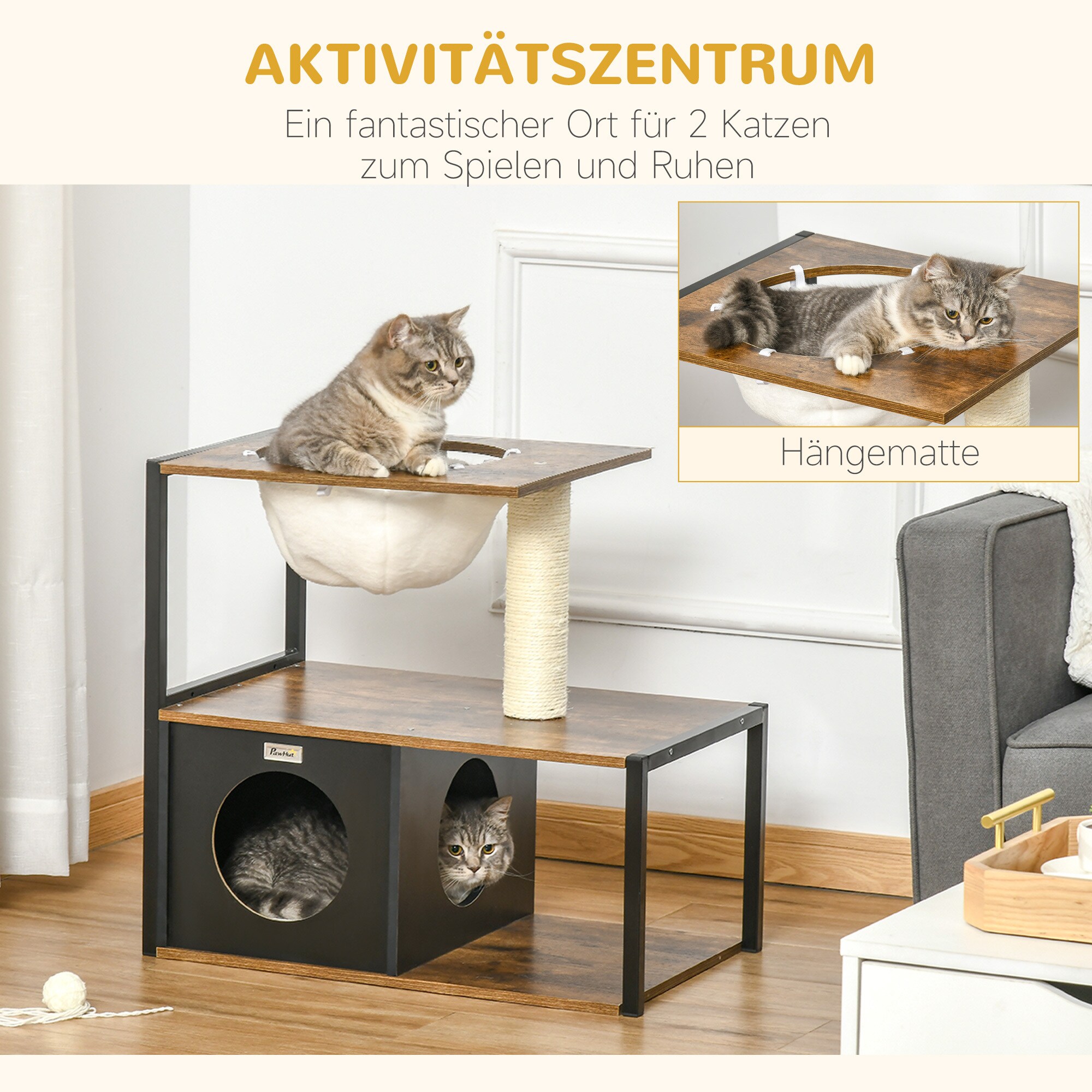 PawHut Katzenhaus mit Kratzstamm schwarz, natur 64L x 40B x 60H cm
