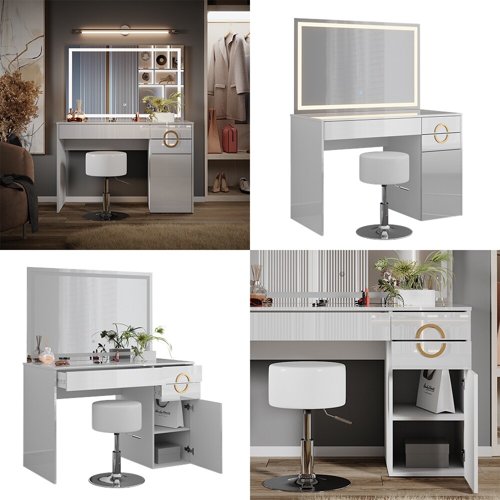 Vicco Schminktisch Adela Weiß Hochglanz, 115 x 76,4 cm mit LED-Spiegel, Hocker