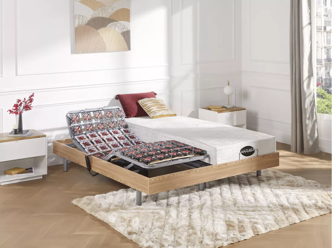 Lit électrique de relaxation tout plots + matelas mémoire de forme et bambou - 2 x 80 x 200 cm - Chêne - LYSIS III de NATUREA