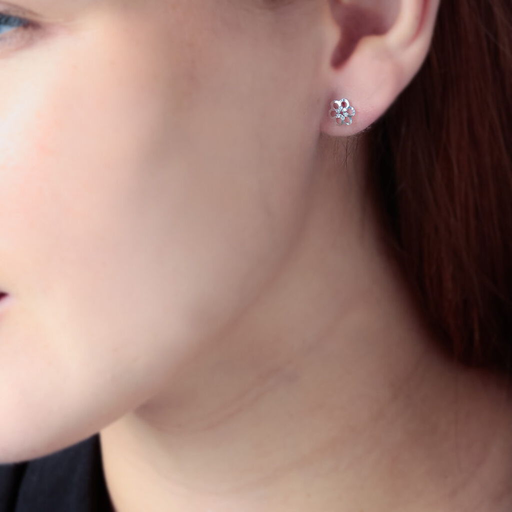 Boucles D'oreilles Puces Philine Fleur Or Blanc Oxyde De Zirconium