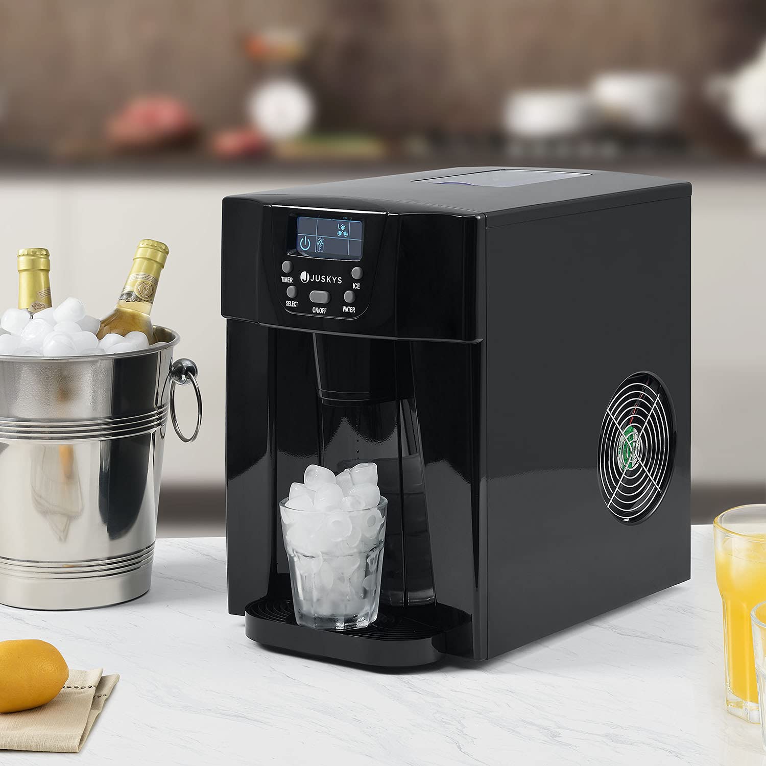 Juskys® Eiswürfelmaschine PIM200L mit 2in1 Direkt-Spender & Timer — bis 12kg / Tag, Eiswürfel in 6-10 Minuten, 2 Größen, 2L Tank — Eiswürfelbereiter schwarz