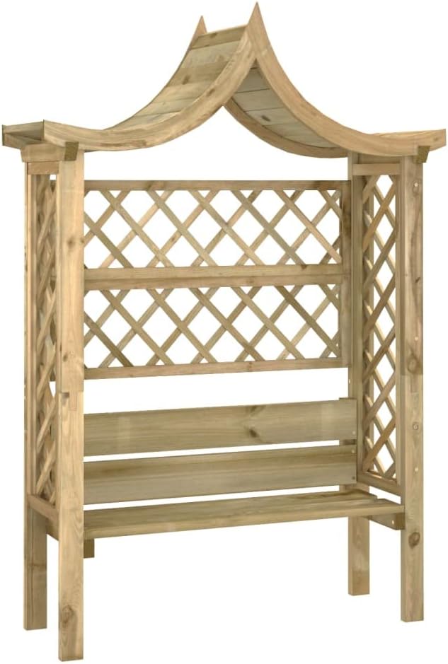 Gartenpergola aus Holz mit Dach und Bank, Gartenbank mit Pergola Sitzbank Bank Rankhilfe Rosenbogen, Gartenpavillon, 146 x 55 x 220 cm
