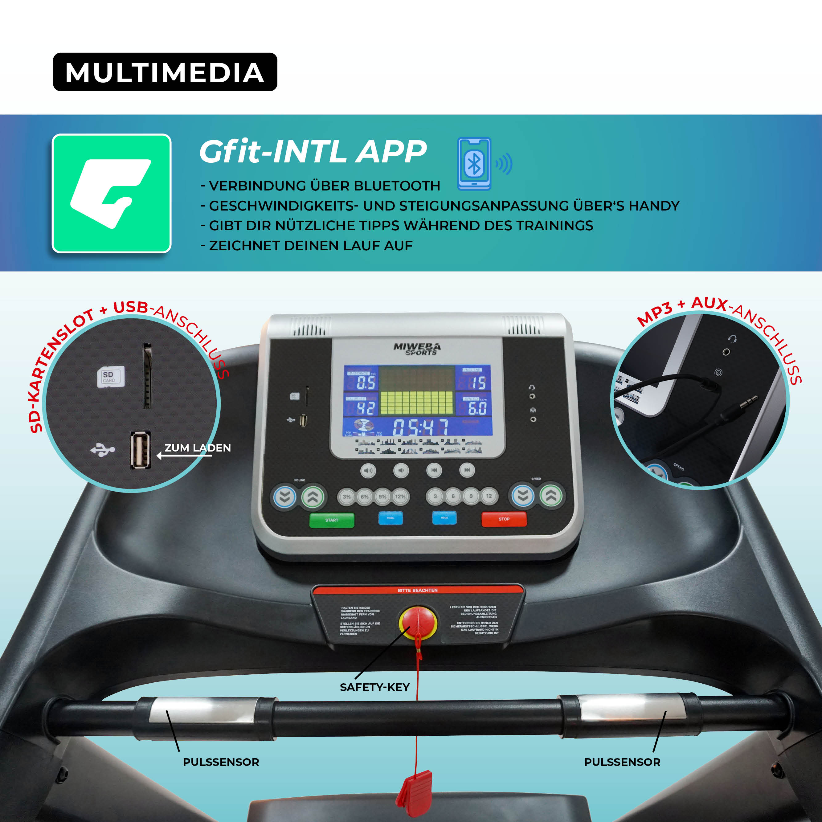 Miweba Sports Laufband Home Track HT5000, mit Steigung, 2000 Watt, große Lauffläche, 1-18 km/h (Schwarz)