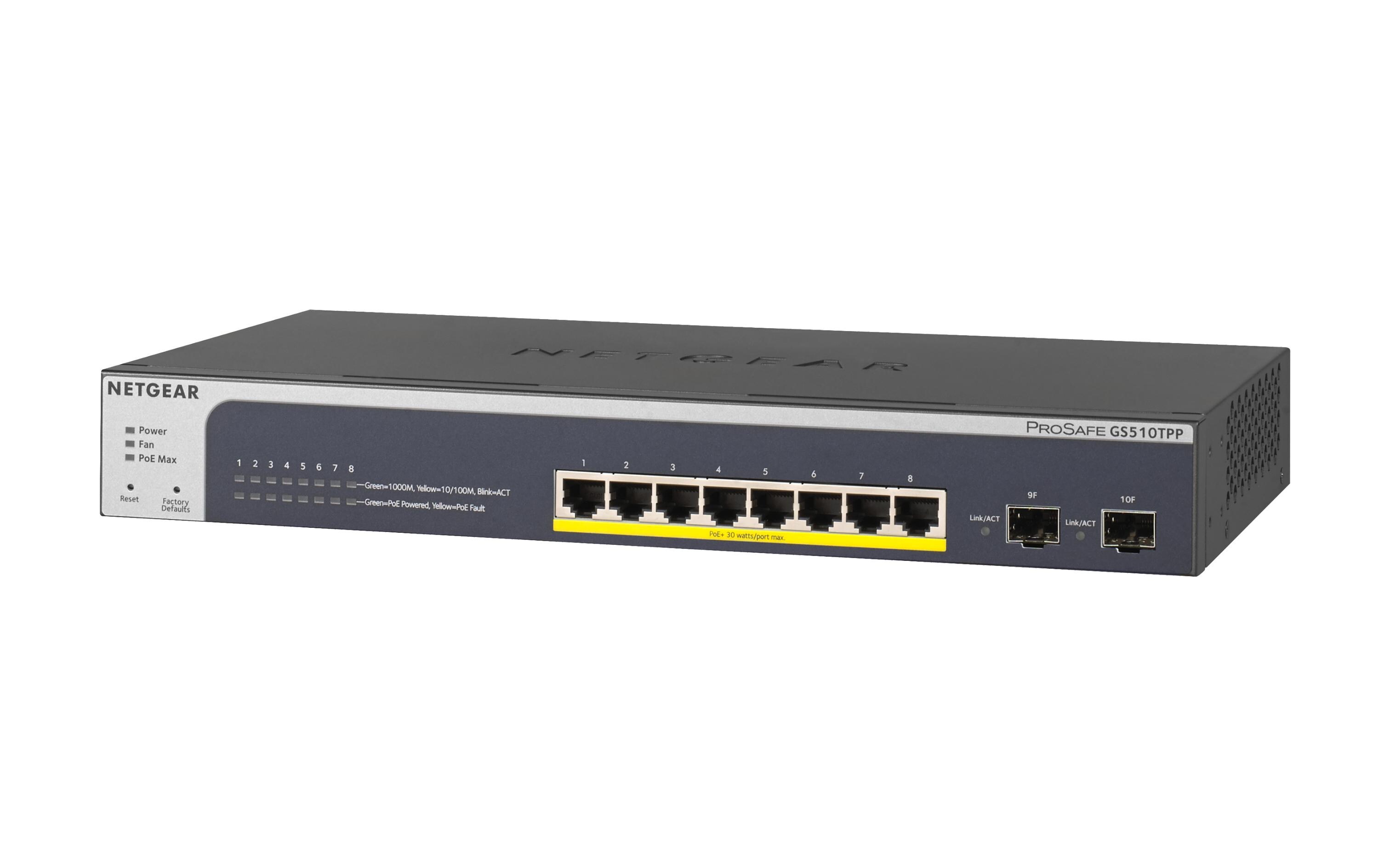 PoE+ Switch GS510TPP 10 Port<br>ProSAFE PoE+ Gigabit Smart Managed Switch
