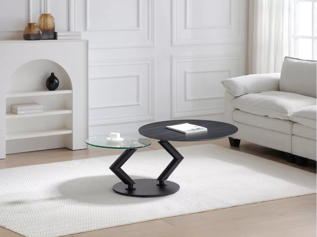 Table basse avec plateaux pivotants en céramique, verre trempé et métal - Effet marbre noir - ELDOVA