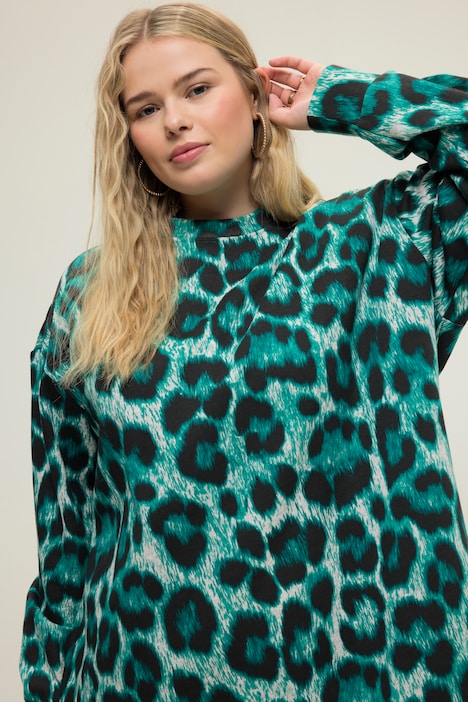 Sweatkleid, oversized, Leo Print, Rundhals, Langarm