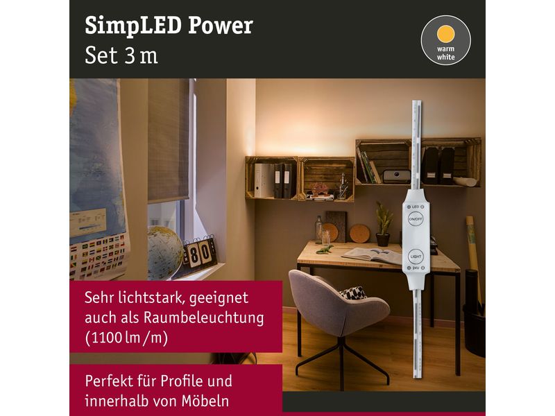 Paulmann LED-Stripe SimpLED Power 3000 K, 3 m Set Beschichteter LED-Streifen mit Schnurdimmer