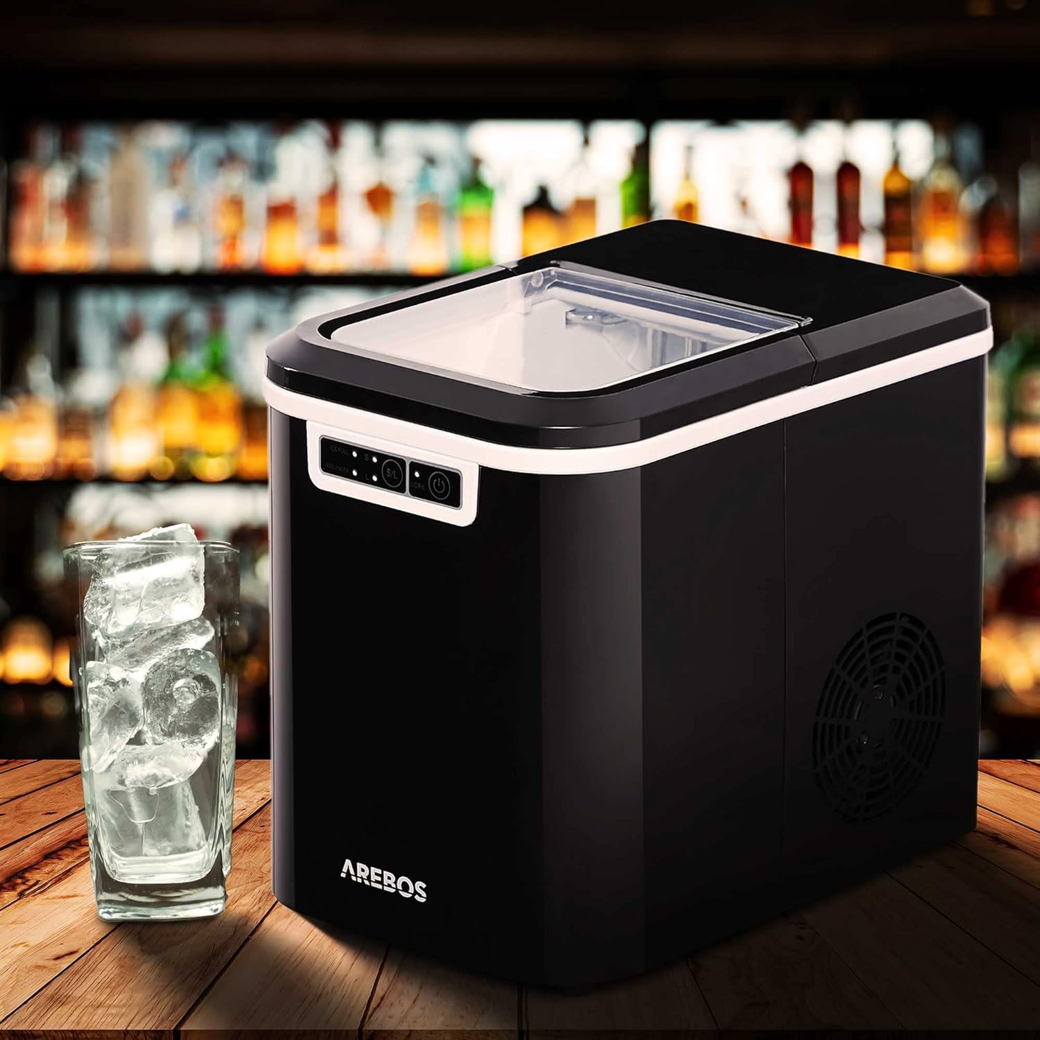 Arebos Eiswürfelmaschine | Ice Cube Maker | 12 kg / 24 h | 10-15 Minuten Produktionszeit | 2 Eiswürfel-Größen | 2,2 Liter Wassertank | Eiswürfelbereiter | Leise | Selbstreinigungsfunktion | Schwarz