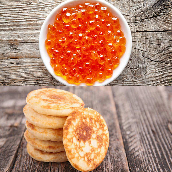 Assortiment oeufs de saumon et 16 blinis