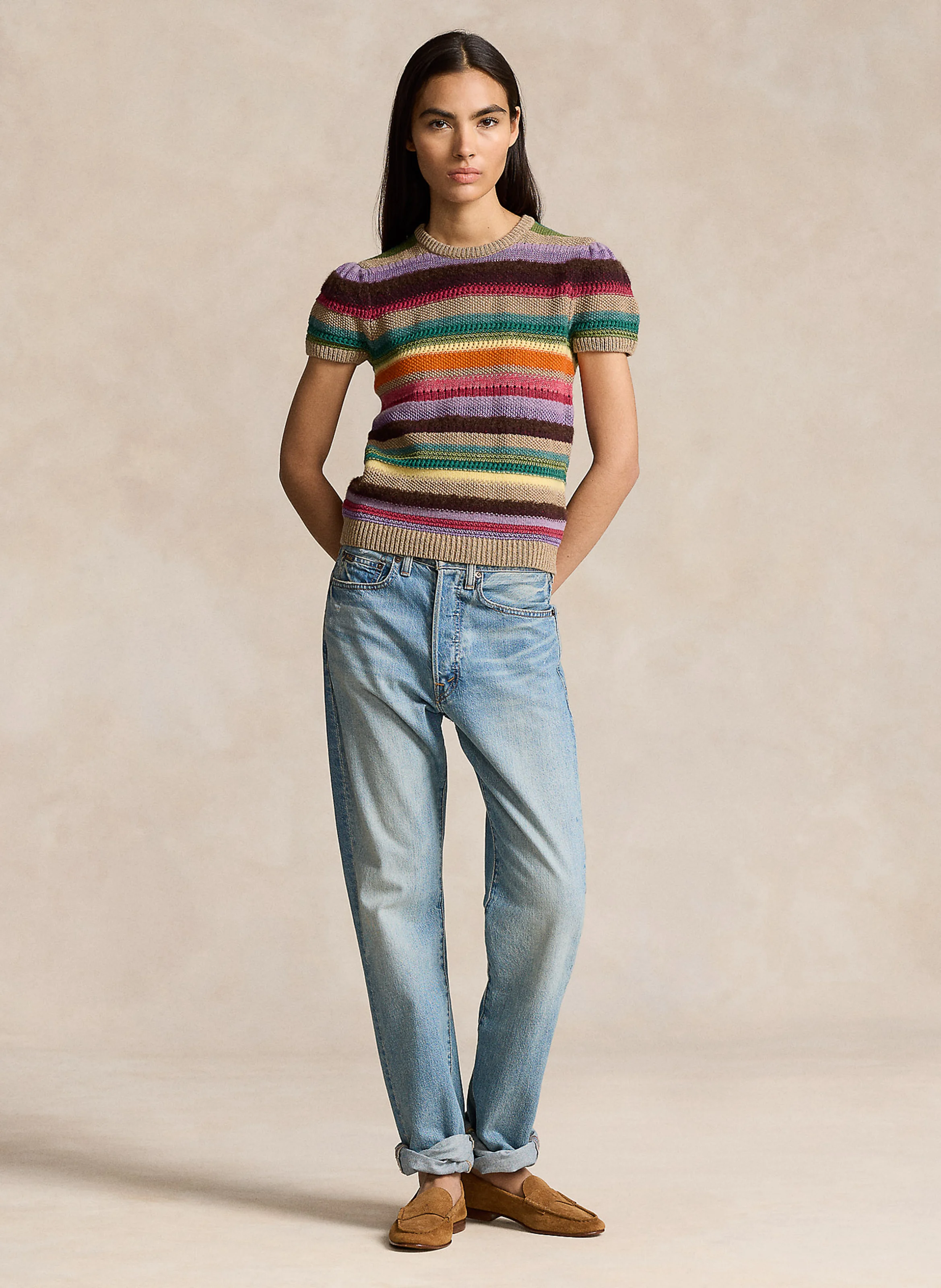 Pull manches courtes rayé en laine et coton | Multicolore
