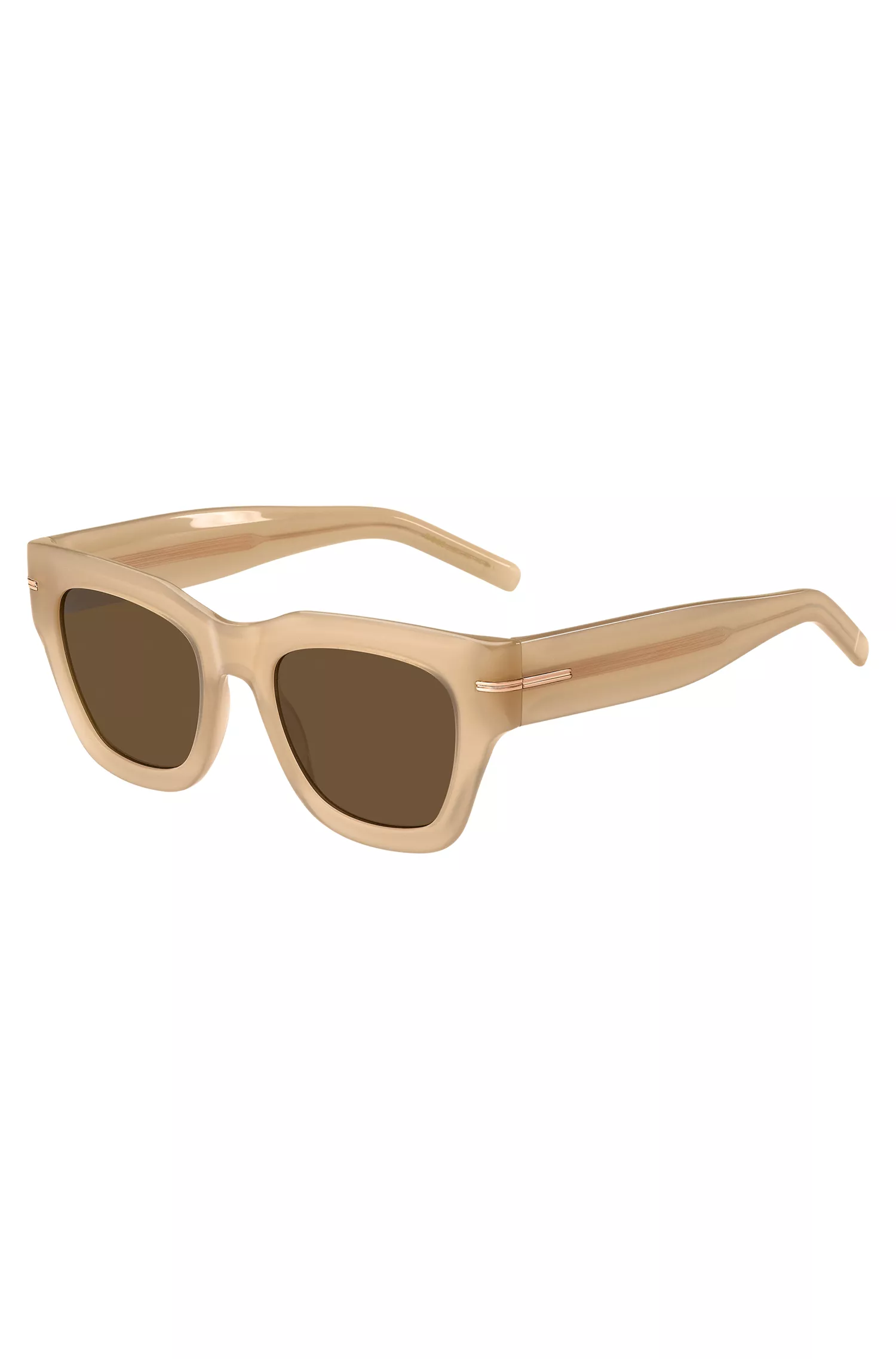 Óculos de sol BOSS em acetato preto e bege com detalhe dourado característico.