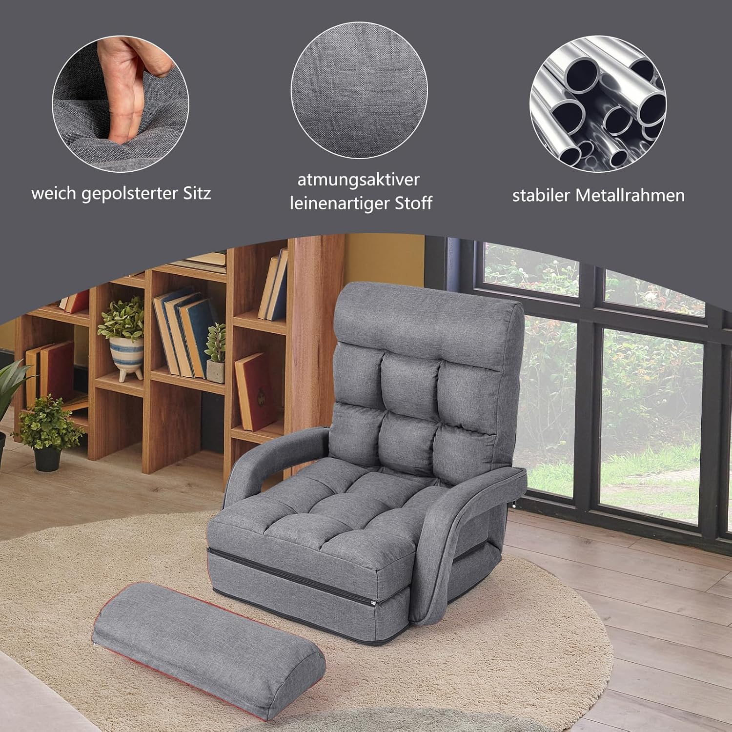COSTWAY Klappsofa verstellbar, Bodensofa gepolstert, Liegebett mit Armlehnen und Kissen, Bodensessel Bodenstuhl Bodenstuhlsofa für Zuhause und Büro (Grau)