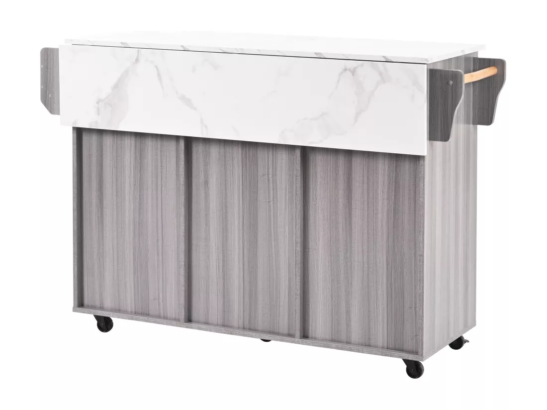 Ilot central de cuisine avec 3 tiroirs et portes de rangement - Plateau extensible - pieds en roulettes ou en bois - Gris