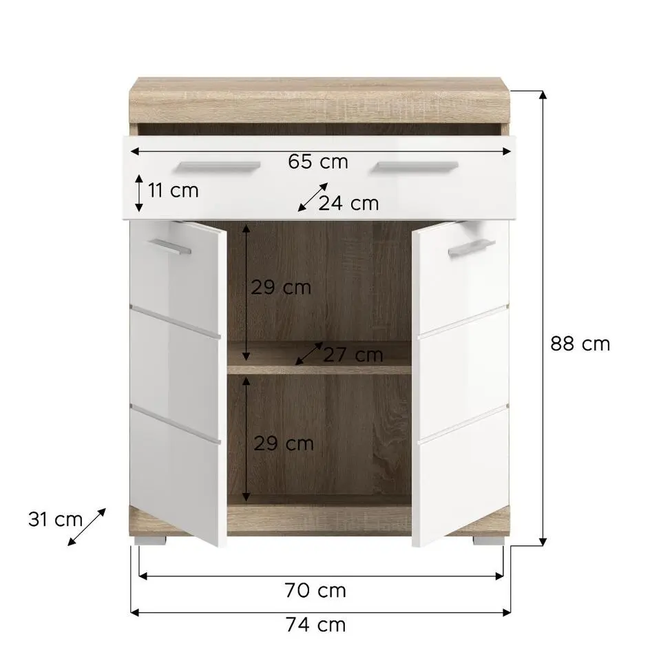 Hioshop Lambada badkamerkast 2 deuren- 1 lade wit hoogglans- eiken decor