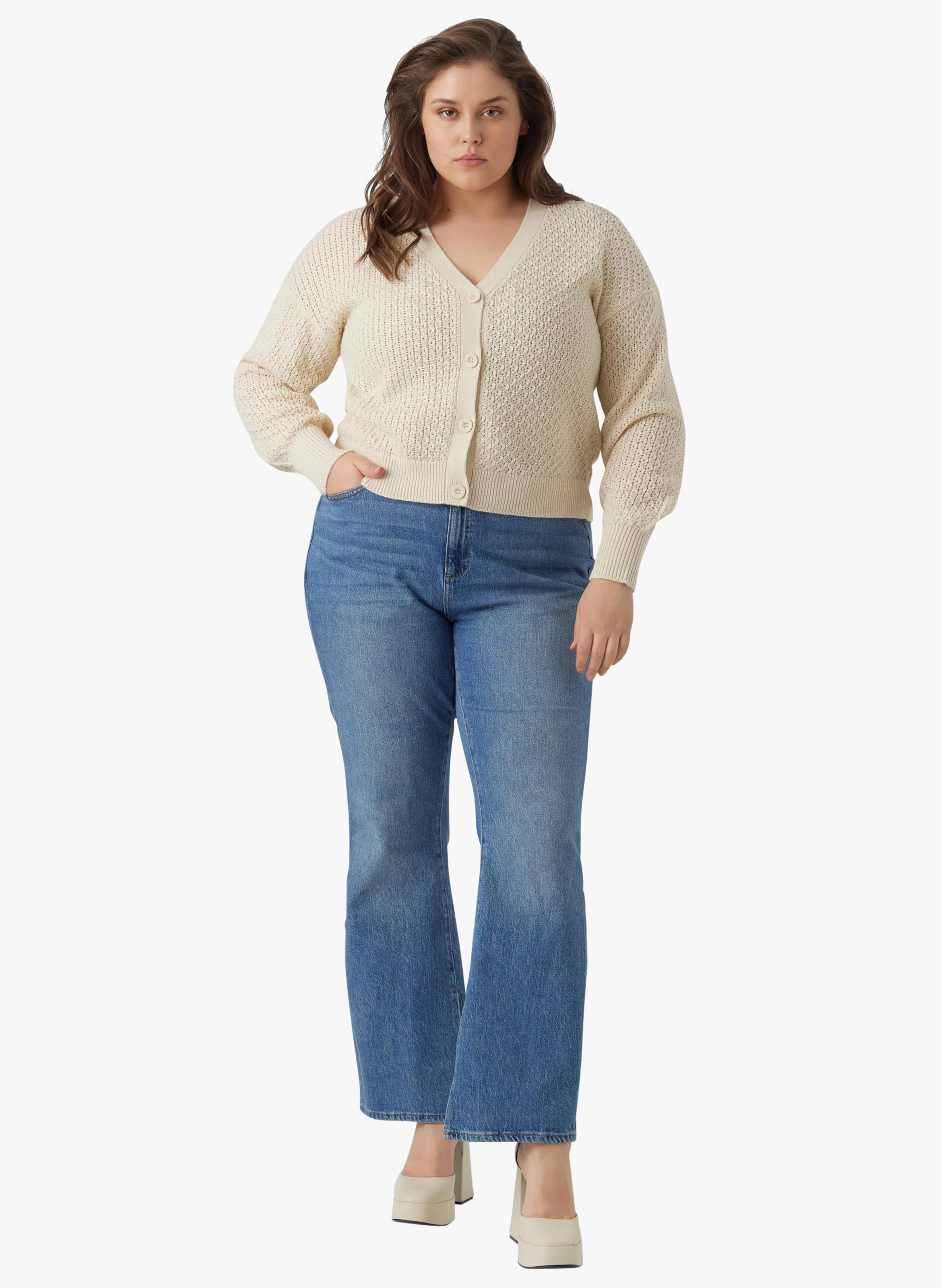 Cardigan en maille de coton bio mélangé| Beige