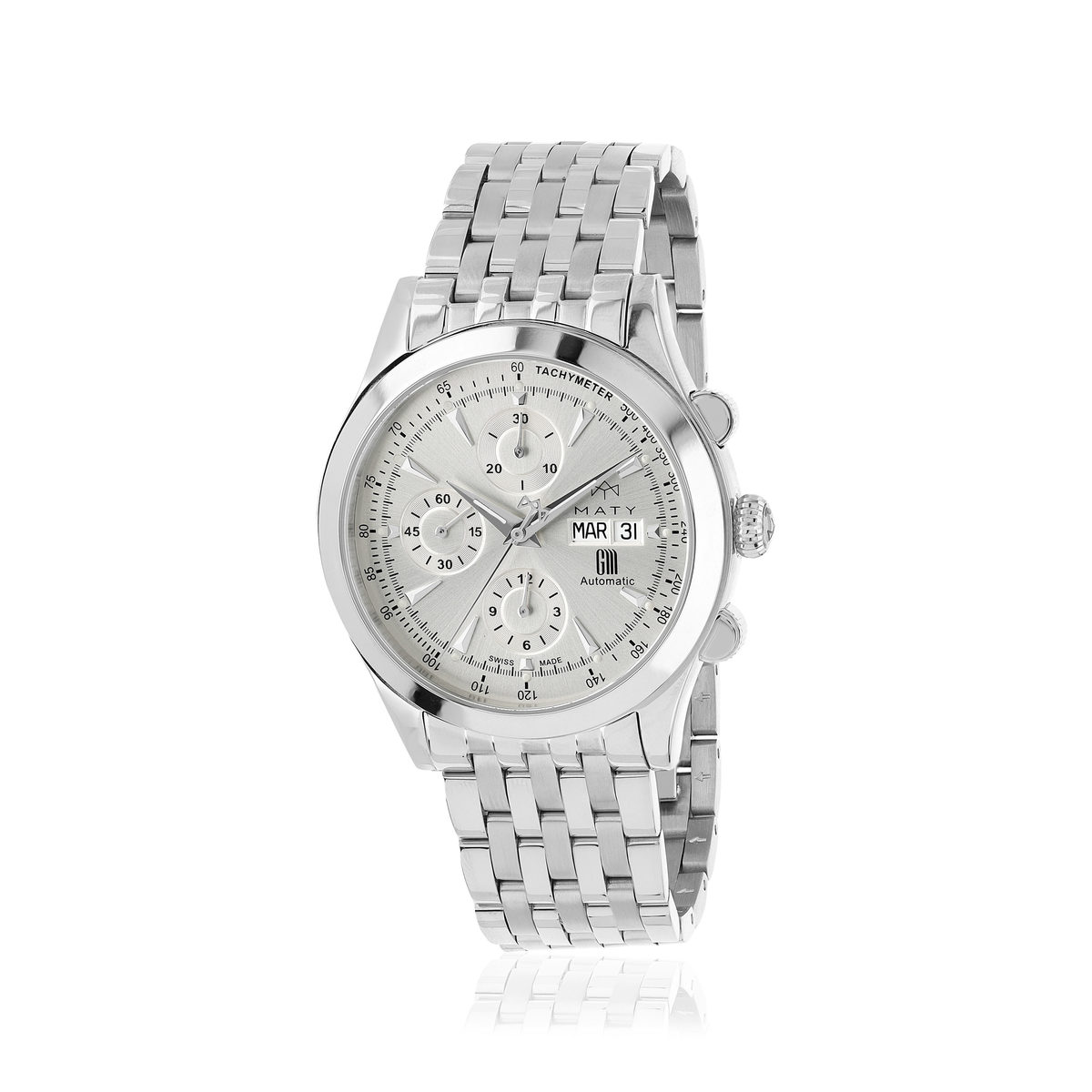 Montre MATY GM automatique chronographe cadran gris bracelet acier