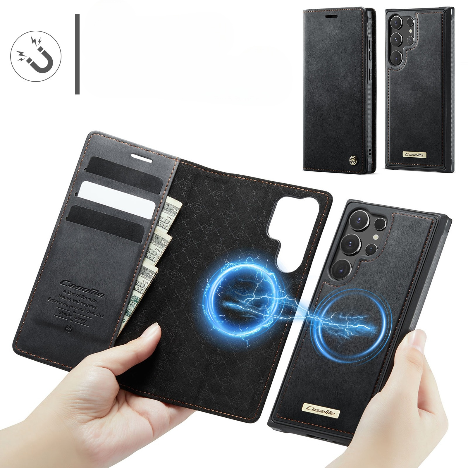 Samsung Galaxy S24 Ultra 2in1 Leder Tasche   Magnet Hardcase Karten Etui MagSafe-Modul (RFID Schutz) - Schwarz